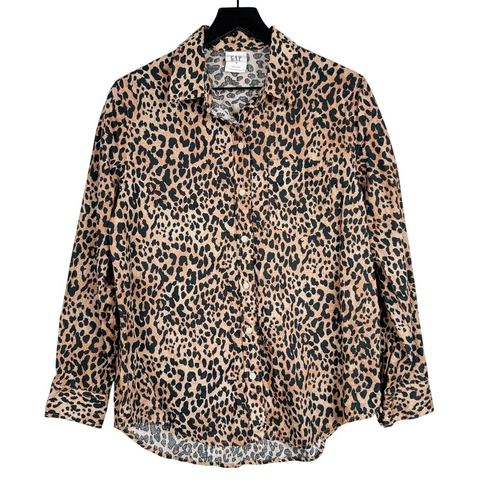 Gap The Easy Shirt Linen Cotton Leopard Button Up Beige Black - M
